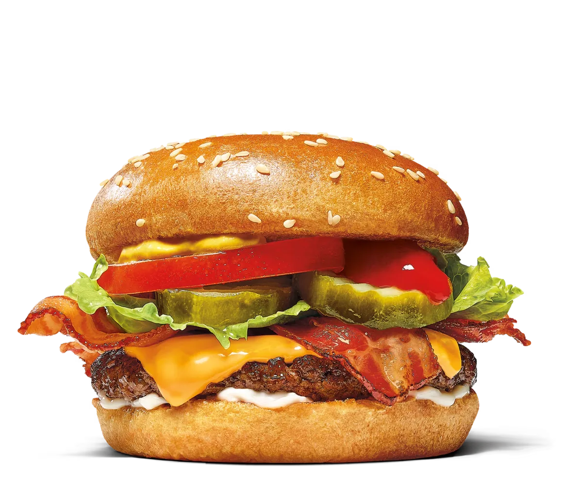 Hamburguesa con tocino, queso, jitomate y lechuga