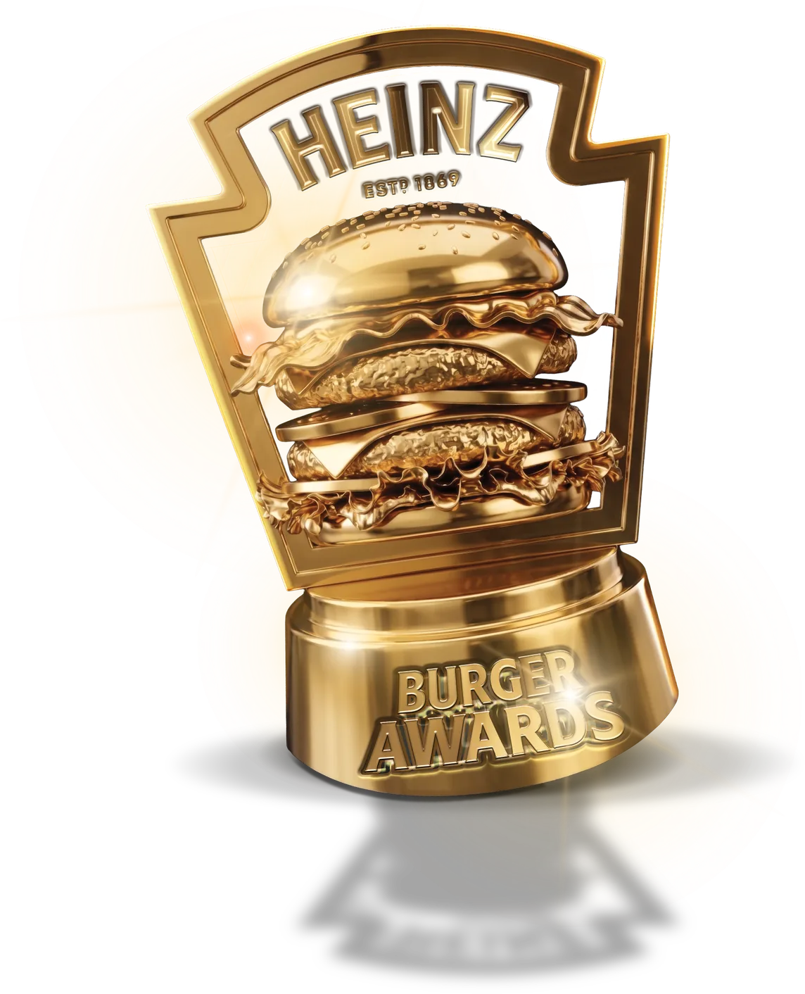 El trofeo del Heinz Burger Awards: una hamburguesa doble bañada en oro sobre el sello Heinz